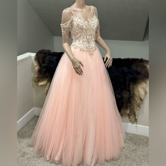 Gorgeous Blush Pink Princess Style Embellished Off-shoulder Tulle Ballgown - Picture 3 of 17